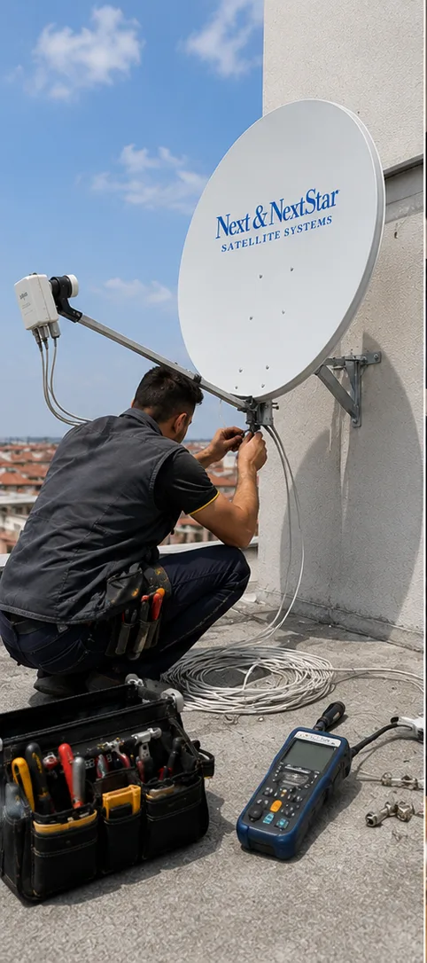 Uydu anteni bağlantısı ve ölçüm ekipmanlarıyla onarım çalışması