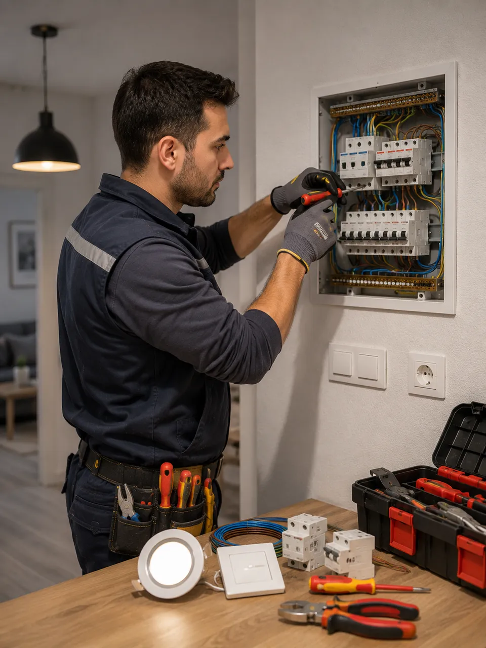 Elektrik panosunda sigorta ve bağlantıları kontrol eden usta