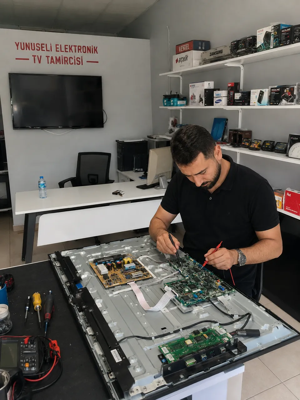Servis ortamında televizyon elektronik kartını ölçen usta